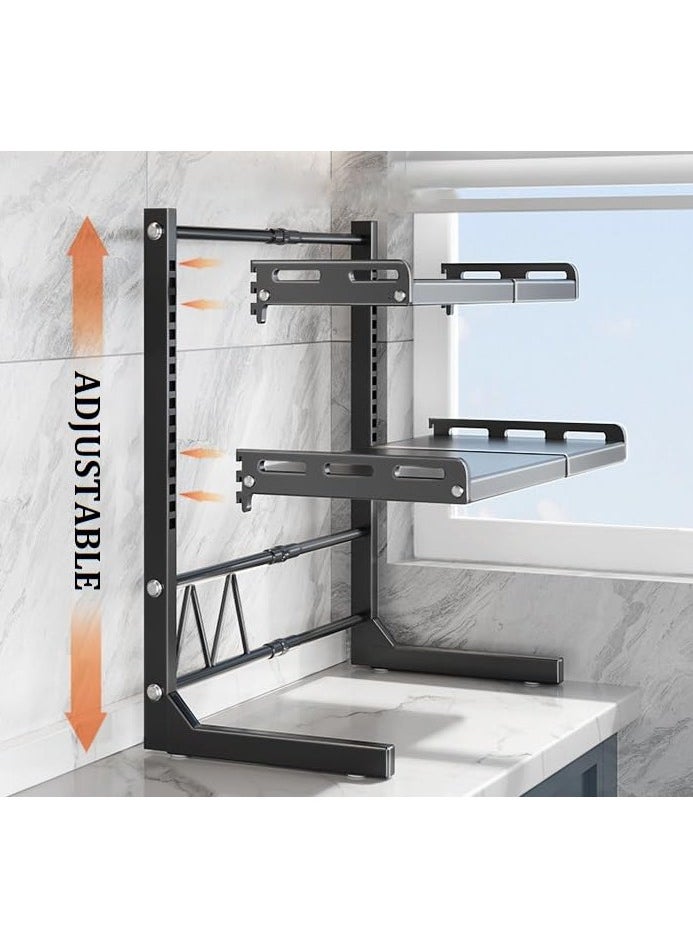 Metal Microwave Oven Rack Shelf Expandable Kitchen Supplies Tableware Storage Counter Space Saver Cabinet Organizer Spice Holder with 6 Hooks Chopping Block Frame Tool Holder Chopsticks Tube  (3 Layers of White)