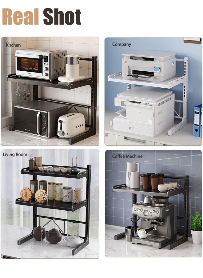 Metal Microwave Oven Rack Shelf Expandable Kitchen Supplies Tableware Storage Counter Space Saver Cabinet Organizer Spice Holder with 6 Hooks Chopping Block Frame Tool Holder Chopsticks Tube  (3 Layers of White)