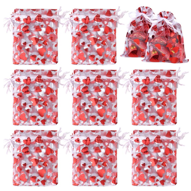 TUPARKA 120 pcs Valentine Gift Bags,Valentines Candy Treat Bags, Love Heart Organza Bags Drawstring Pouches for Valentines Goodie Wedding Gift Packaging,Valentines Party Favor Bags - Image 1