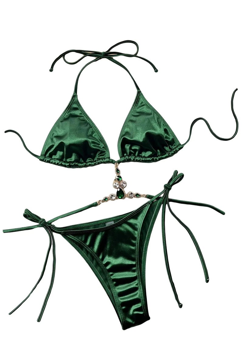 Falainetee Women's Satin 2 Piece Rhinestone Bathing Suit High Waisted Swimsuit Bikini Set Green M - Image 1