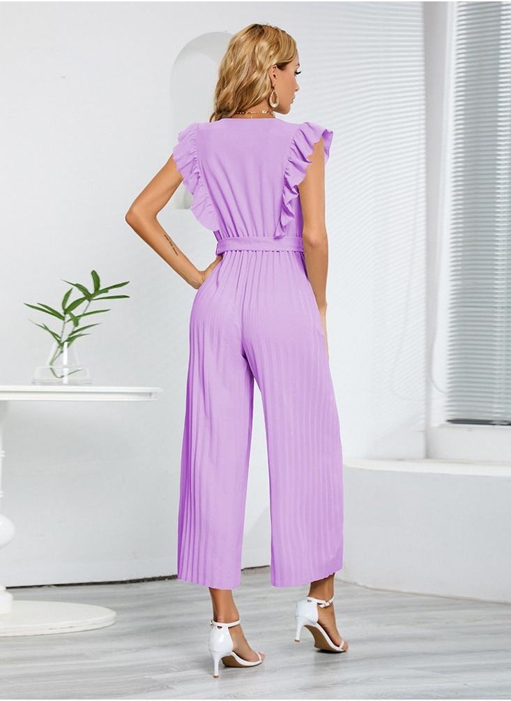 Loquat - New Slim-fit Temperament High-waisted Sleeveless V-neck Pleated Wide-leg Jumpsuit - Image 1