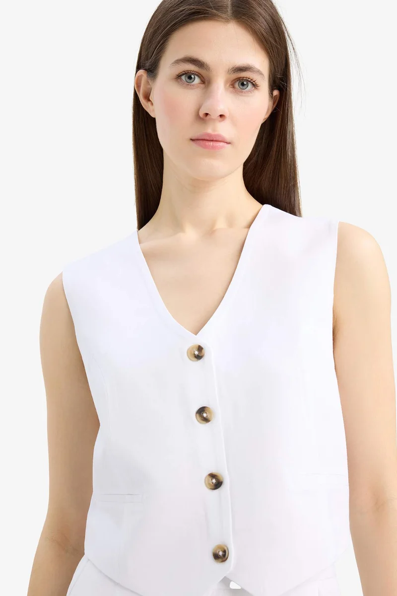 ديفاكتو V Neck Linen Blend White Blazer Vest