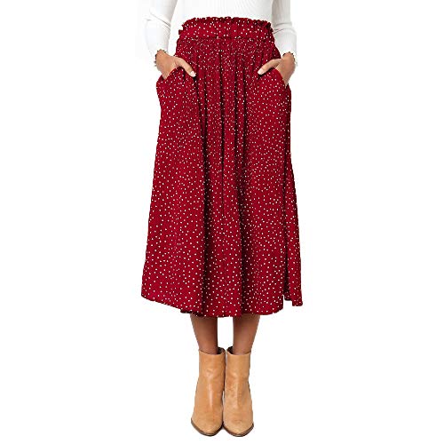 Exlura Womens High Waist Polka Dot Pleated Skirt Midi Swing Skirt with Pockets Red Small - Image 1