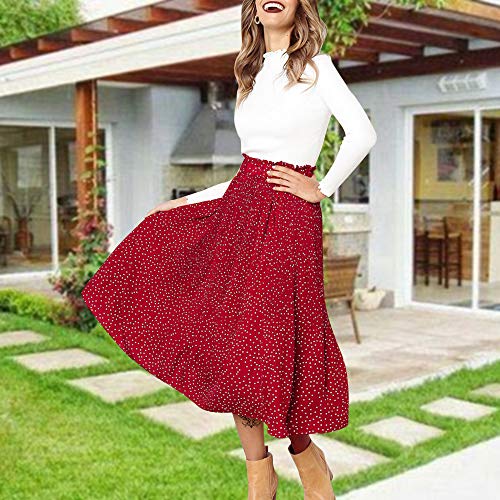 Exlura Womens High Waist Polka Dot Pleated Skirt Midi Swing Skirt with Pockets Red Small - Image 2