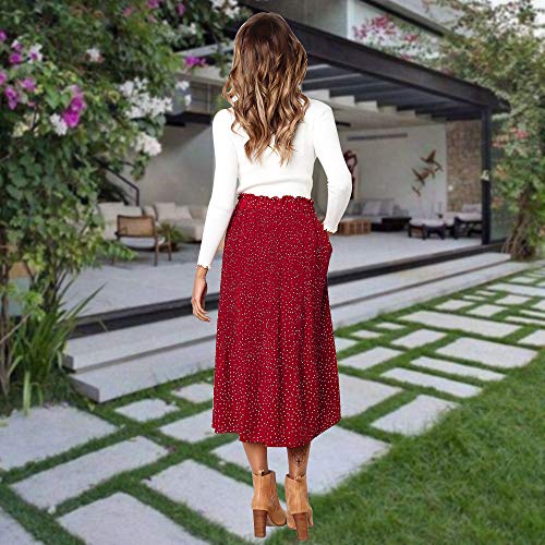 Exlura Womens High Waist Polka Dot Pleated Skirt Midi Swing Skirt with Pockets Red Small - Image 3