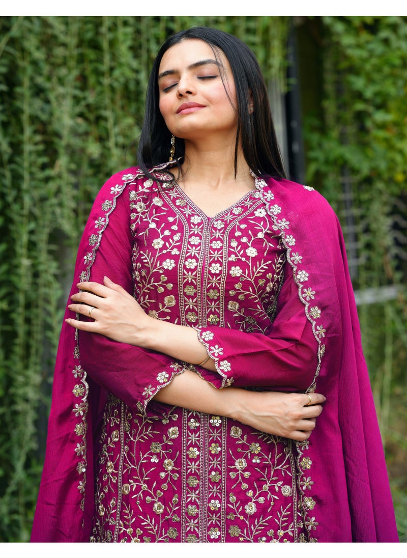 Super Asian Chinnon Sharara Set with Sequin Embroidery Work & Matching Dupatta – Fully Stitched  - Image 4