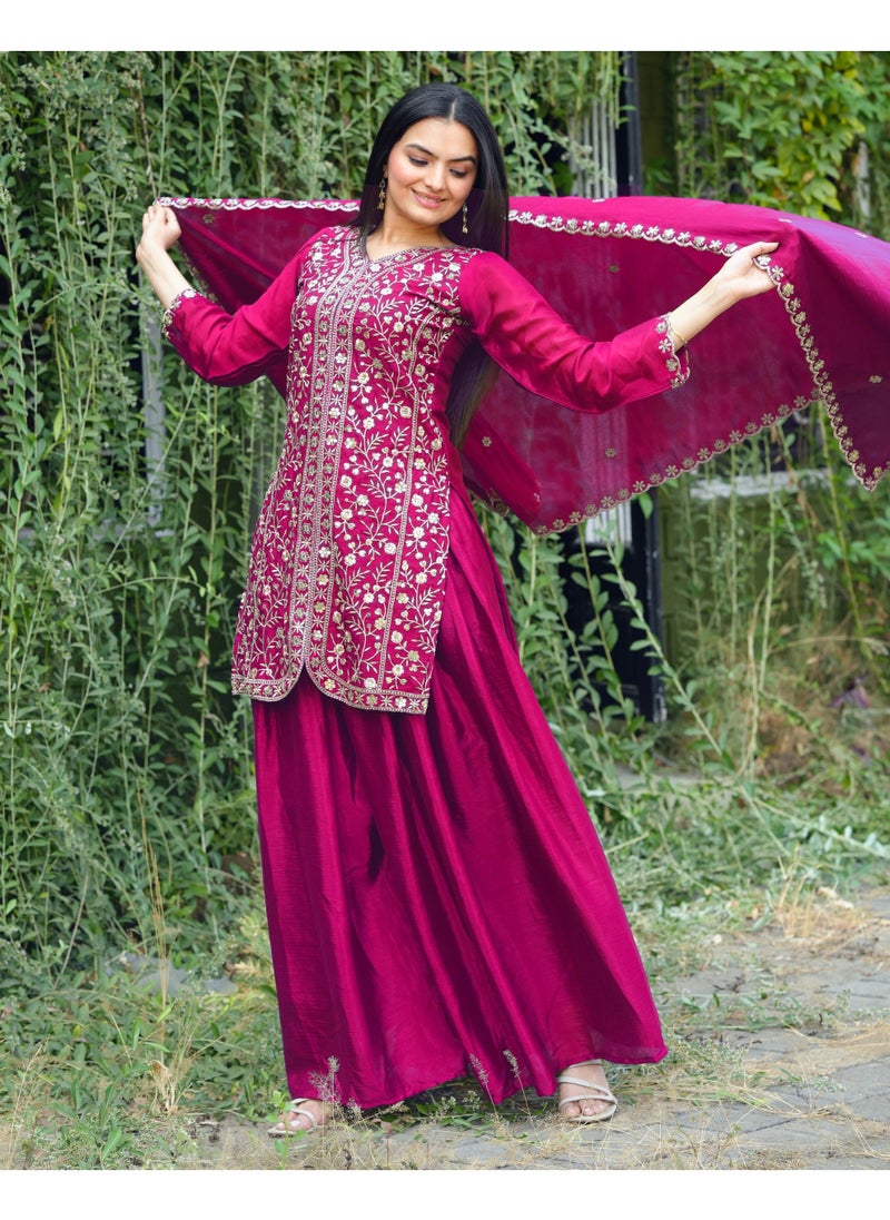 Super Asian Chinnon Sharara Set with Sequin Embroidery Work & Matching Dupatta – Fully Stitched  - Image 3