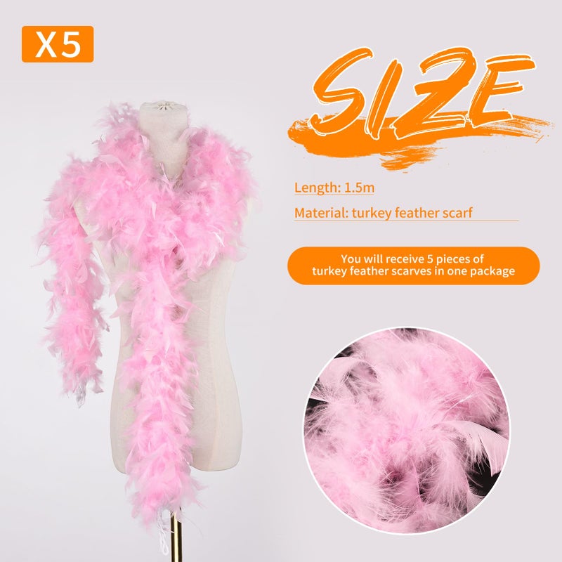 MAOFENG 5pcs Chandelle Turkey Feather Boa 1.64 Yards 30g for Halloween Costume Dancing Party Halloween Costume Decoration,Pink - Image 2
