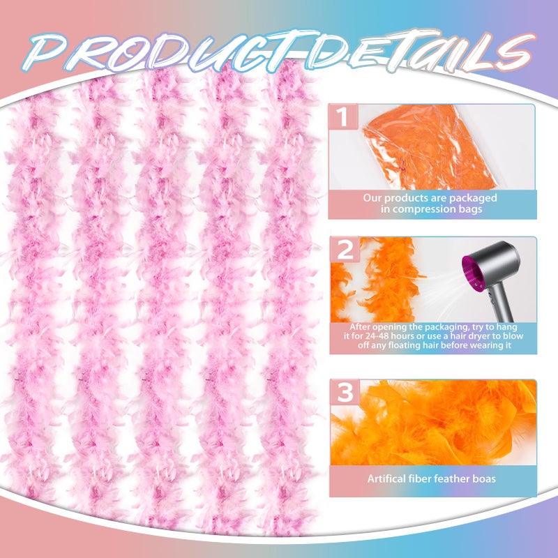 MAOFENG 5pcs Chandelle Turkey Feather Boa 1.64 Yards 30g for Halloween Costume Dancing Party Halloween Costume Decoration,Pink - Image 3
