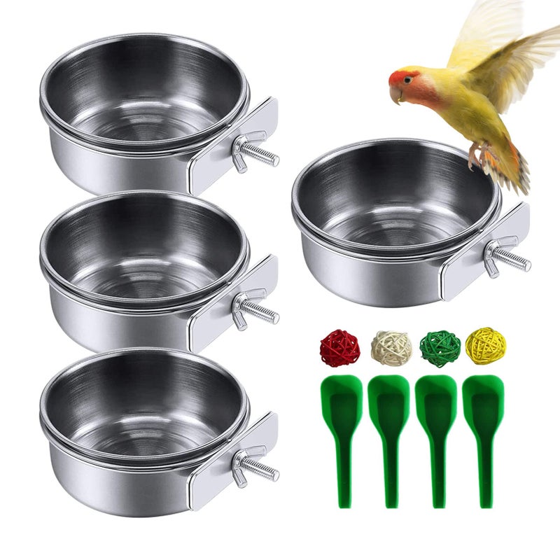 kathson Stainless Steel Bowls for Birds,4 Pcs Parrot Feeder Dish Cups,Bird Cage Water Food Bowl Coop Cup with Clamp Holder for Parrots Cockatiel Budgies Parakeet Lovebird(S) - Image 1