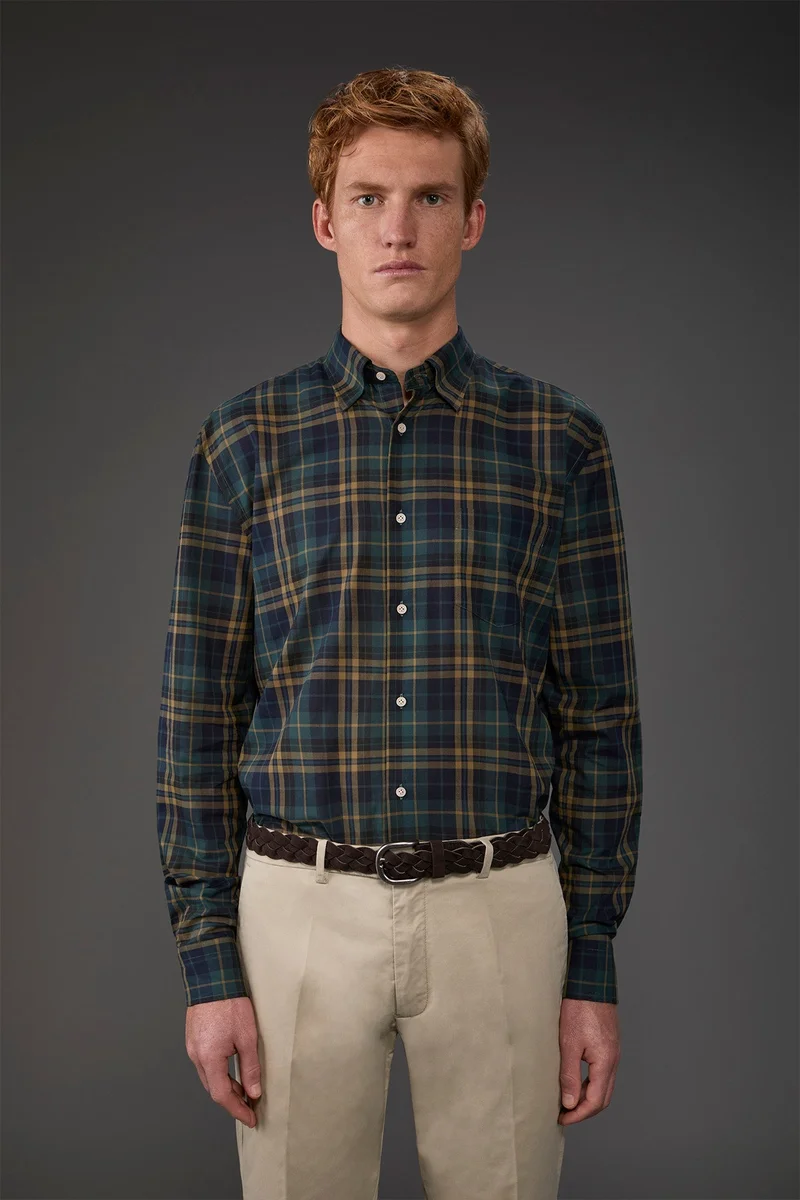 دوبل غانغر Men's concealed button down casual shirt in checked washed muslin fabric - Green