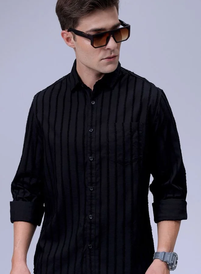 The Indian Garage Co Men Slim Fit Textured Solid Full Sleeves Cutaway Collar Casual Shirt