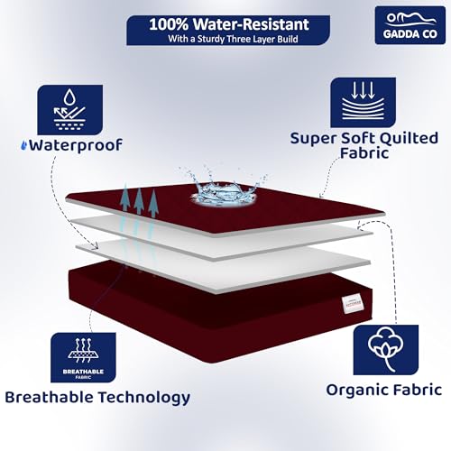 GADDA CO Waterproof Cotton Quilted Mattress Protector King Size (72x72 Inch | 6x6 Ft) | Breathable Hypoallergenic Noiseless Ultra Soft Elastic Fitted Bed Protector | Washable Bed Cover - Maroon - Image 2