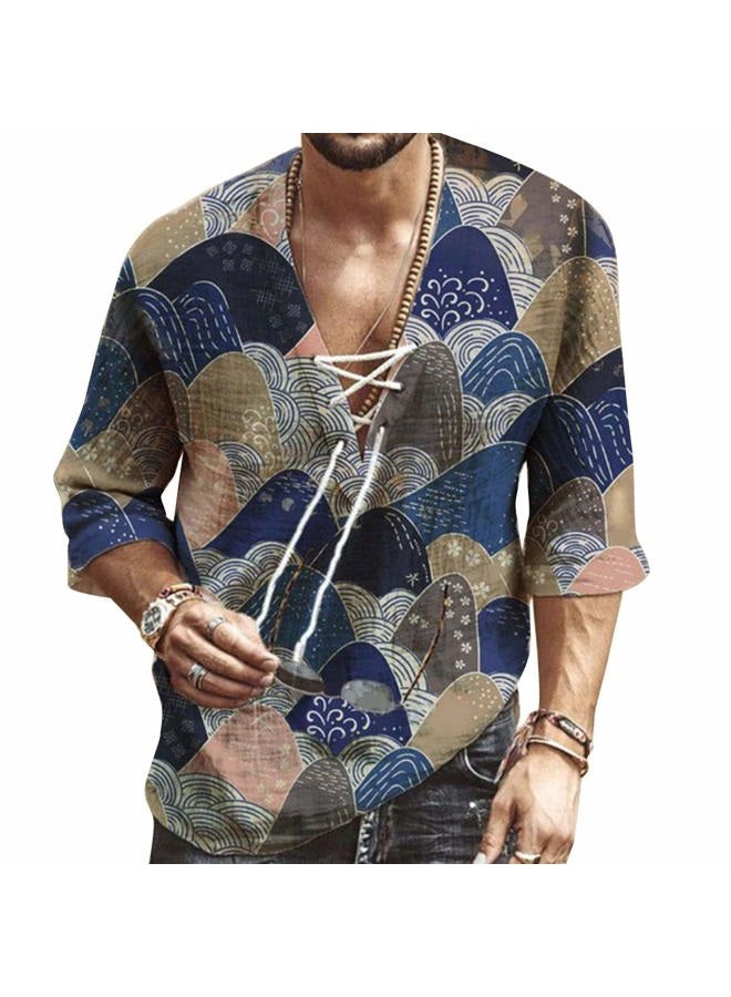 Rela Bota Men's Fashion Shirt Short Sleeve Beach V-Neck Drawstring Printing Yoga African Summer Top Blue M - Image 1