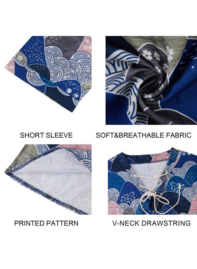 Rela Bota Men's Fashion Shirt Short Sleeve Beach V-Neck Drawstring Printing Yoga African Summer Top Blue M - Image 3