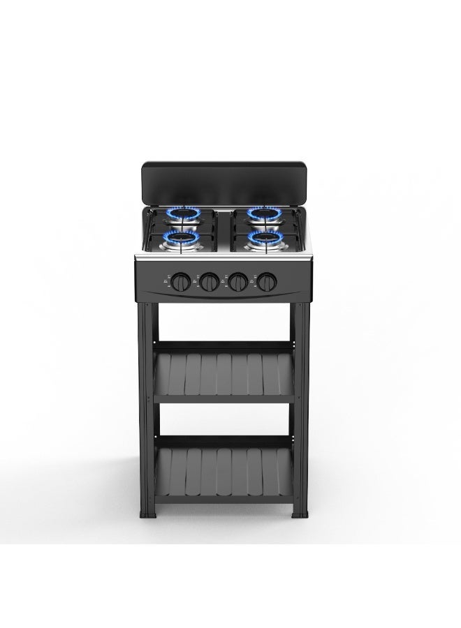 Denx Manual Ignition Gas Stove with Integrated Stand, Dual Shelves & Wind Shield, Heavy-Duty Black Painted Body - Image 2