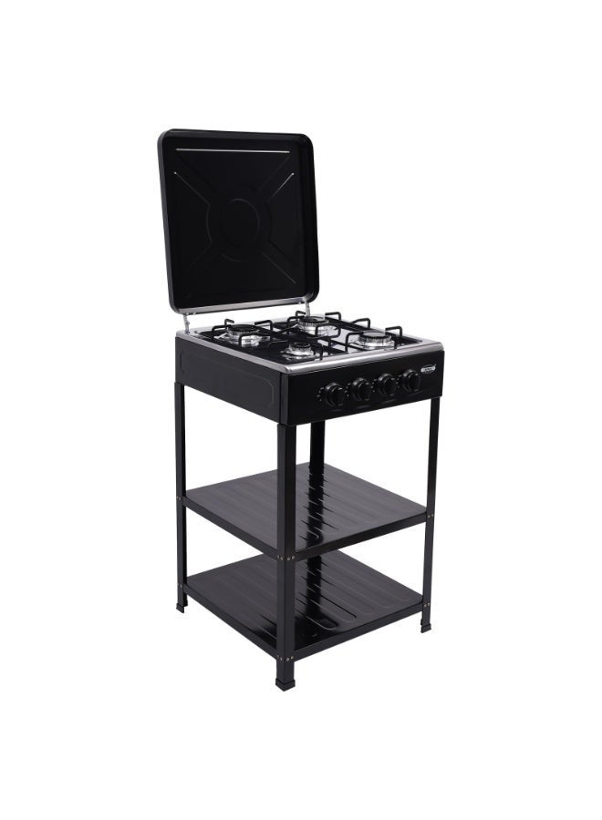 Denx Manual Ignition Gas Stove with Integrated Stand, Dual Shelves & Wind Shield, Heavy-Duty Black Painted Body - Image 1
