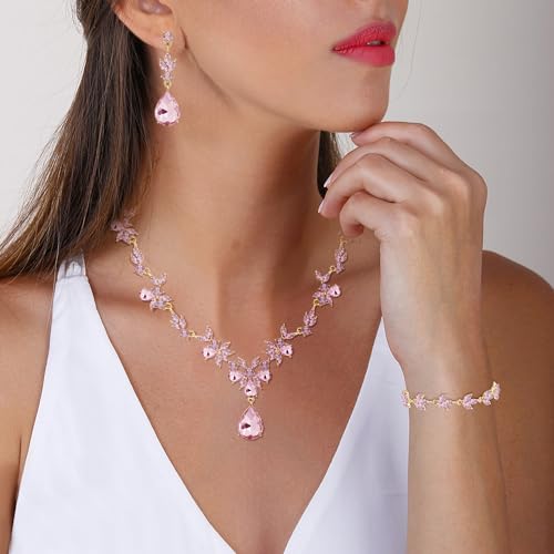 Paxuan Bridal Wedding Elegant Floral Pink Jewelry Set for Women/Brides/Bridesmaids Crystal Jewelry Set for Wedding Prom Party Bridal Crystal Necklace Earrings Bracelet Set - Image 3