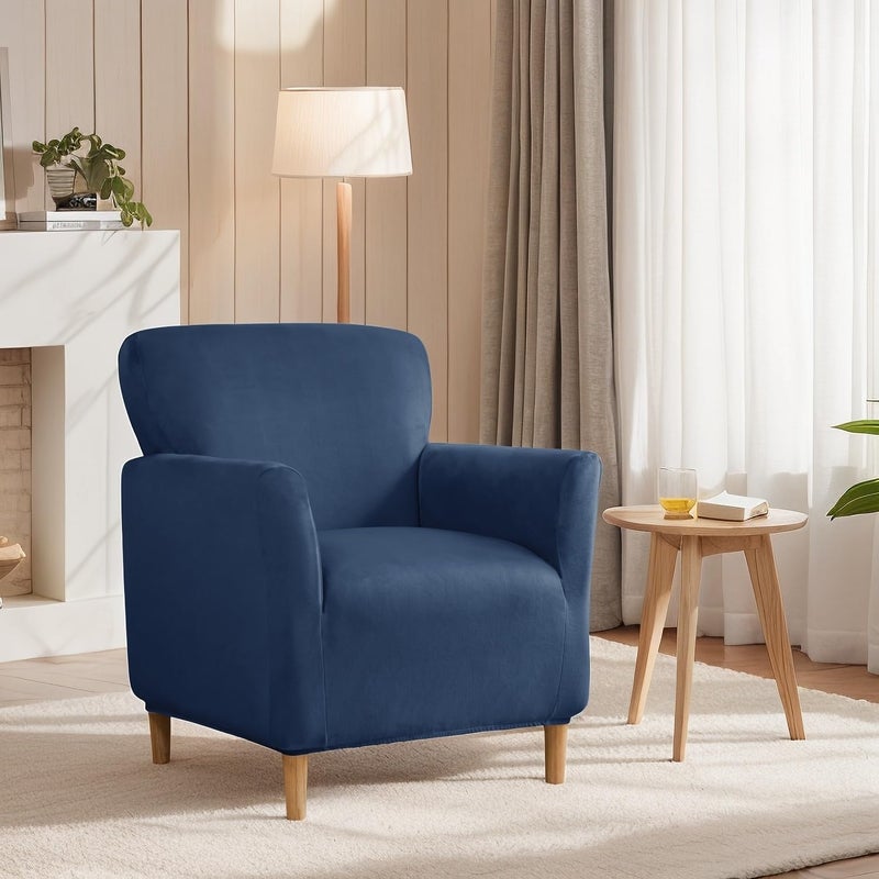 SONNACH Stretch Chair Covers with Arms 1-Piece Banquet Armchair Slipcover Velvet Mid Century Modern Armchair Slipcover Anti-Slip Furniture Protector for Living Room Friendly for Kids Pets (Navy) - Image 2