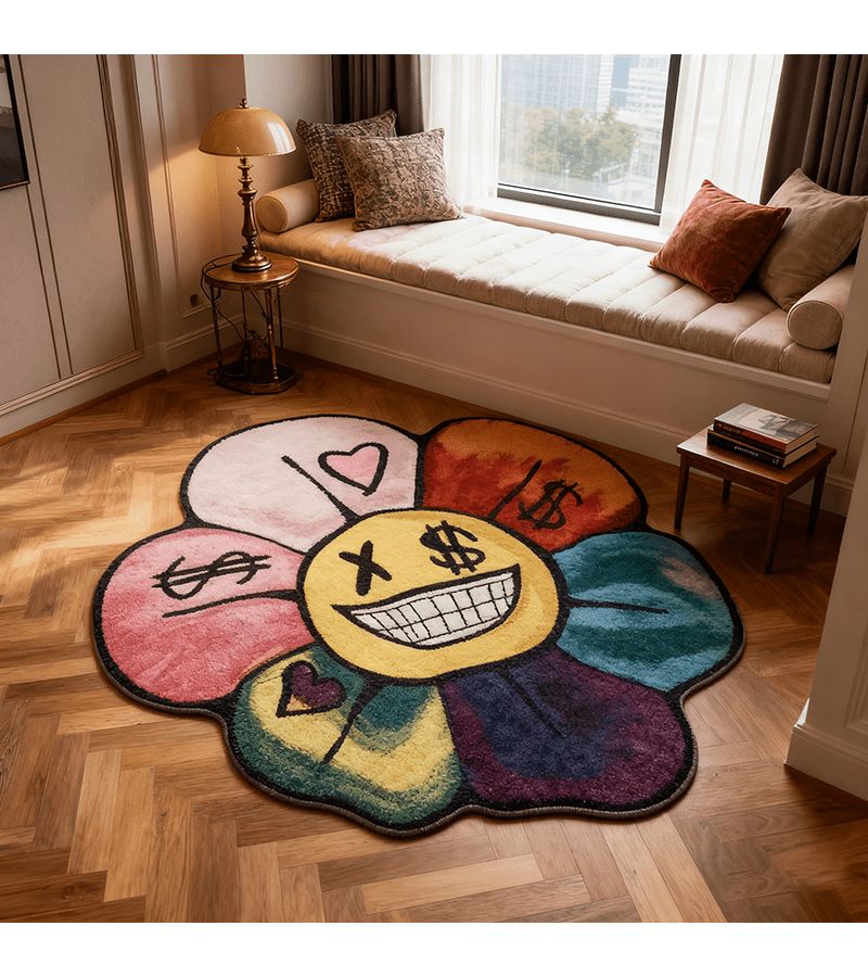 1pc 120x120cm 47x47inch Colorful Imitation Cashmere Dotted Plastic Bottom Irregular Flower Washable Dopamine Creative Living Room Carpet Bedroom Rug Home Decoration Bedside Soft Sofa Coffee Table Floor Mat - Image 2