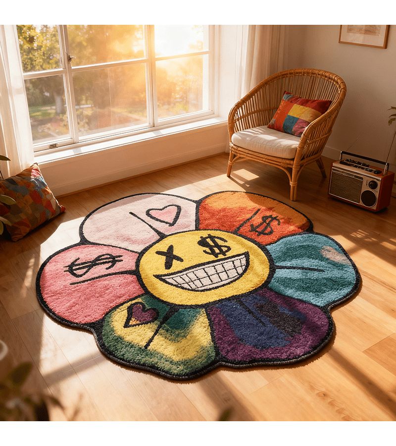 1pc 120x120cm 47x47inch Colorful Imitation Cashmere Dotted Plastic Bottom Irregular Flower Washable Dopamine Creative Living Room Carpet Bedroom Rug Home Decoration Bedside Soft Sofa Coffee Table Floor Mat - Image 5