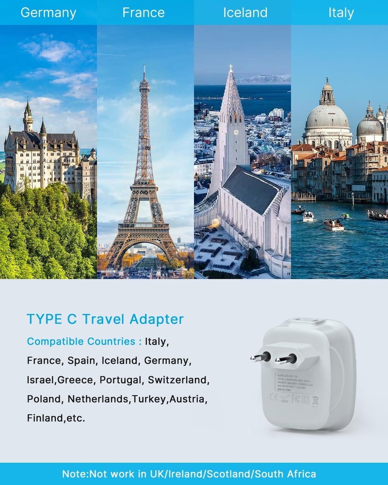 VINTAR 3 Pack European Travel Plug Adapter, International Power Plug Adapter with 2 USB Ports,2 American Outlets 4 in 1 Travel Essentials to France, Germany, Greece, Italy, Israel, Spain (Type C) - Image 2