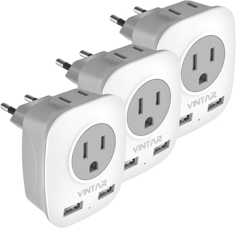 VINTAR 3 Pack European Travel Plug Adapter, International Power Plug Adapter with 2 USB Ports,2 American Outlets 4 in 1 Travel Essentials to France, Germany, Greece, Italy, Israel, Spain (Type C) - Image 1
