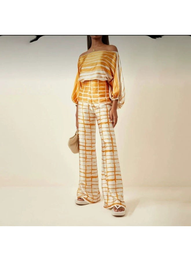 general Women's 2025-2026 Fashion Print Round Neck Loose Batwing Sleeve Waist Cinched Wide Leg Pants Set - Image 1