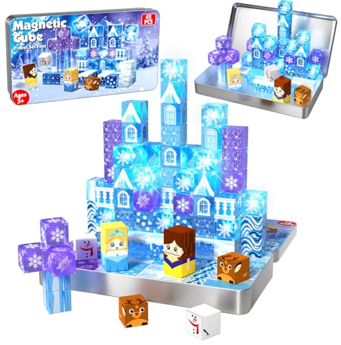 Annexfun Magnetic Blocks 45Pcs 08in Travel Toys Transparent Magnetic Building Block with Magnetic Tin Box for Kids Light Up Magnet Block Blue Princess Princess Toy for Girl 3 Christmas Birthday Gift - Image 1