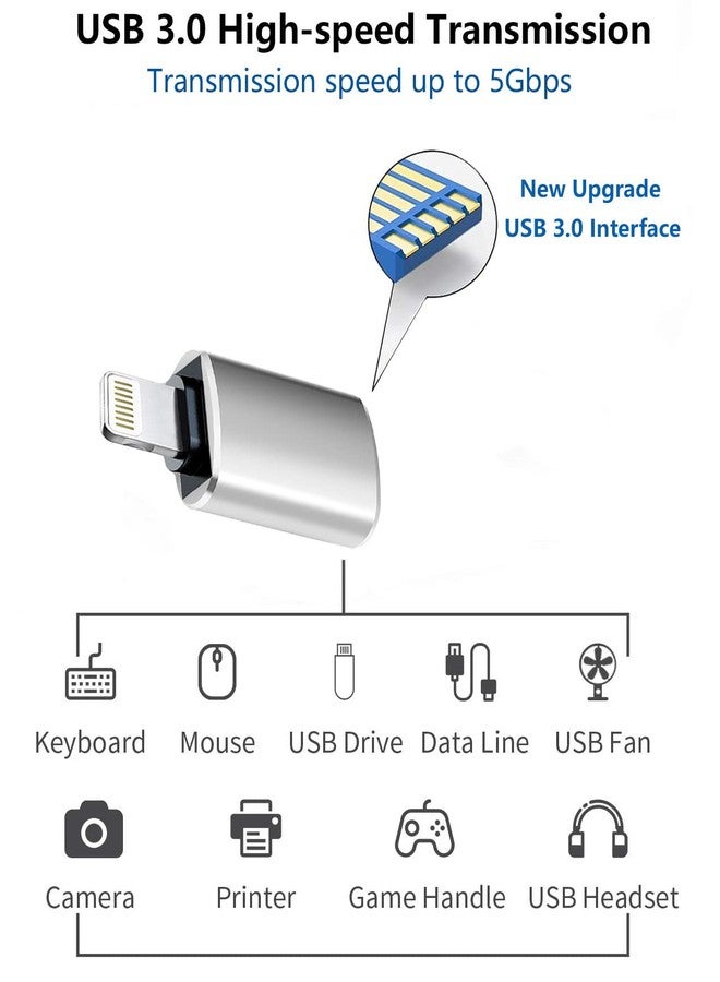 Wahbite Apple Lightning to USB Camera Adapter, USB 3.0 OTG Cable for iPhone/iPad to Connect Card Reader, USB Flash Drive, U Disk, Keyboard, Mouse, Hubs, MIDI, Plug & Play, Silver#1Pack - Image 3