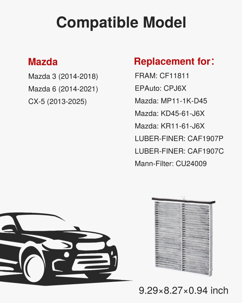 Puroma فلتر هواء المقصورة من بوروما مع الكربون المنشط، بديل لـ CF11811، CPJ6X، CAF1907P، CAF1907C، CU24009، متوافق مع مازدا 3، مازدا 6، CX-5، MP11-1K-D45، KD45-61-J6X، KR11-61-J6X - Image 2