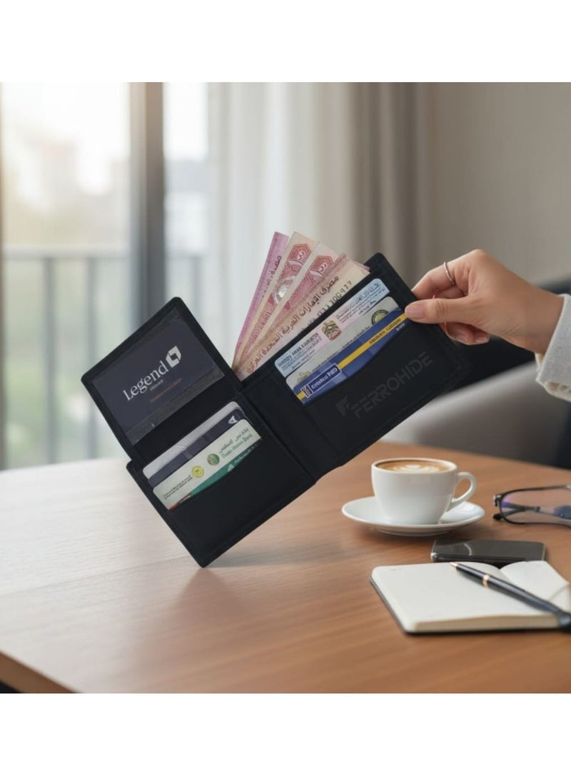 محفظة جلدية فاخرة رفيعة للرجال - مزودة بفتحات متعددة للبطاقات وجيب للنقود - محفظة سفر أنيقة باللون الأسود