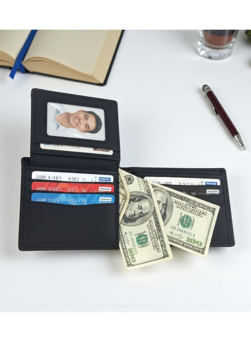 محفظة جلدية فاخرة رفيعة للرجال - مزودة بفتحات متعددة للبطاقات وجيب للنقود - محفظة سفر أنيقة باللون الأسود