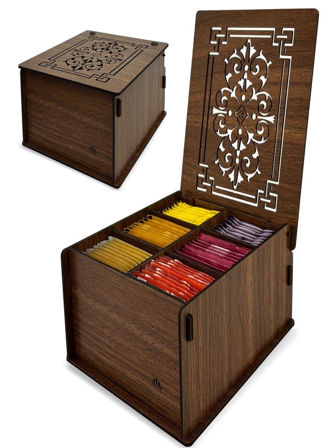 RoyalHouse Premium Wood Tea Storage Box Organizer, Tea Bag Holder Containers (Brown), Eco-Friendly Multi-Functional Decorative Box, 6 Compartments For Assorted Variety Of Small Items - Image 1