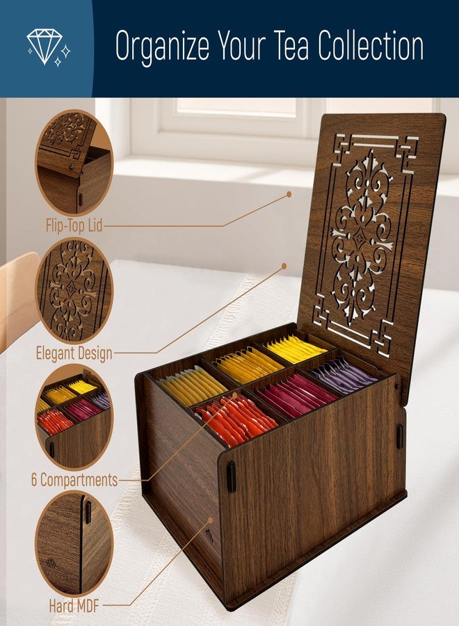 RoyalHouse Premium Wood Tea Storage Box Organizer, Tea Bag Holder Containers (Brown), Eco-Friendly Multi-Functional Decorative Box, 6 Compartments For Assorted Variety Of Small Items - Image 2