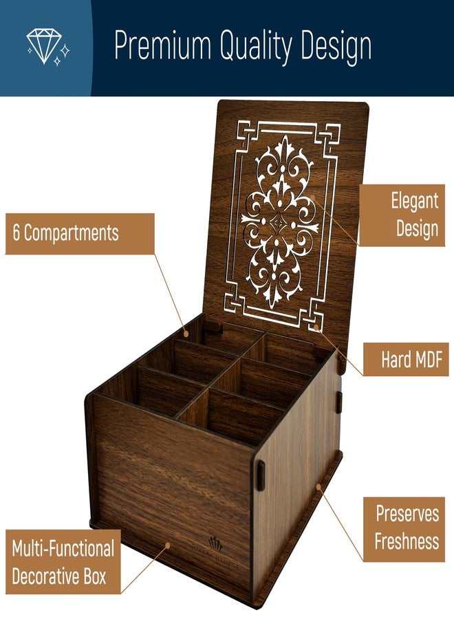 RoyalHouse Premium Wood Tea Storage Box Organizer, Tea Bag Holder Containers (Brown), Eco-Friendly Multi-Functional Decorative Box, 6 Compartments For Assorted Variety Of Small Items - Image 5