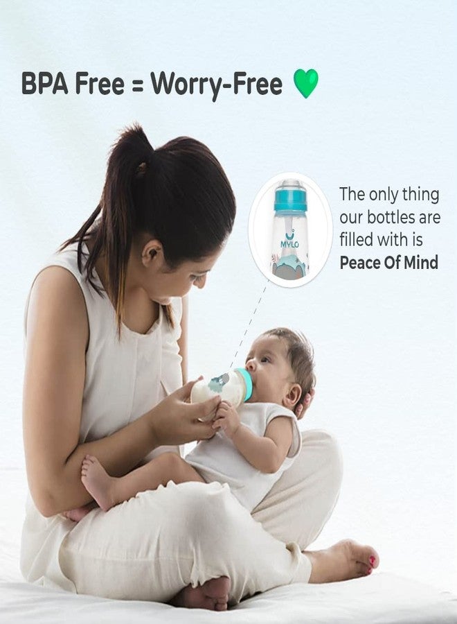 Mylo Baby 2 in 1 Feeding Bottles with Spoon for New Born Baby (125ml + 250ml) | Anti Colic & BPA Free Feeding Bottles | Feels Natural Baby Bottle | Easy Flow Neck Design- Bear + Elephant - Image 4