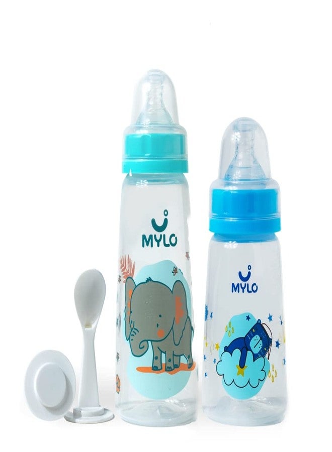 Mylo Baby 2 in 1 Feeding Bottles with Spoon for New Born Baby (125ml + 250ml) | Anti Colic & BPA Free Feeding Bottles | Feels Natural Baby Bottle | Easy Flow Neck Design- Bear + Elephant - Image 1