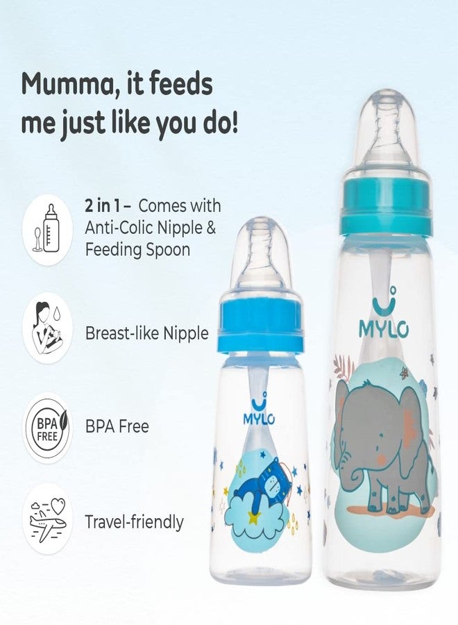Mylo Baby 2 in 1 Feeding Bottles with Spoon for New Born Baby (125ml + 250ml) | Anti Colic & BPA Free Feeding Bottles | Feels Natural Baby Bottle | Easy Flow Neck Design- Bear + Elephant - Image 2