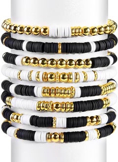 Generic 2530 PCS Clay Beads Bracelet Making Kit, Black and White Clay Beads, Friendship Bracelet Kit, 2 Rolls of 10 Meters Black and White Elastic Rope, 7MM Clay Beads and Gold Flat Round Flower Beads 