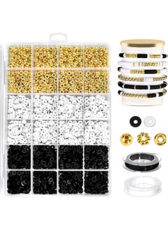 Generic 2530 PCS Clay Beads Bracelet Making Kit, Black and White Clay Beads, Friendship Bracelet Kit, 2 Rolls of 10 Meters Black and White Elastic Rope, 7MM Clay Beads and Gold Flat Round Flower Beads  - Image 1