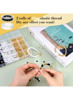 Generic 2530 PCS Clay Beads Bracelet Making Kit, Black and White Clay Beads, Friendship Bracelet Kit, 2 Rolls of 10 Meters Black and White Elastic Rope, 7MM Clay Beads and Gold Flat Round Flower Beads  - Image 4