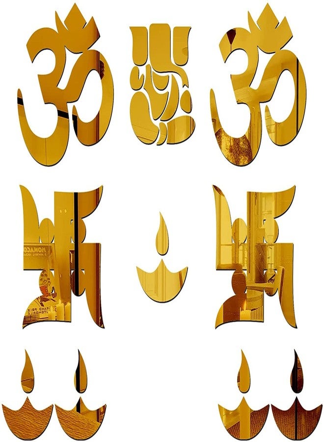 Decorcreed ملصقات ديكور كريد غانيشا مع أوم سواستيكا دياس ماندير، ملصقات معبد بوجا، ديكور حائط أوم، أوم، شوب لاب لمدخل الباب، شوب لاب لعناصر تزيين المنزل وغرفة بوجا (ذهبي، عبوة من 10) - Image 1
