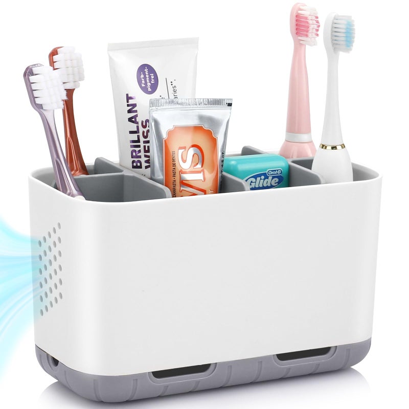 Boperzi Toothbrush and Toothpaste Holder Drainage for Bathroom Countertop with Adjustable Dividers, Large Toothpaste Caddy Organizer Storage Rustic Decor Set Freestanding for Family, Kids Gray - Image 1
