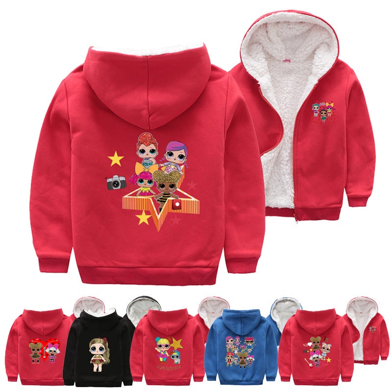 Children'S Clothing Coat Winter Clothes Thickened Fleece-Lined Hoodie Coral Fleece Cartoon Doll Printed Warm Coat T037 - Image 2