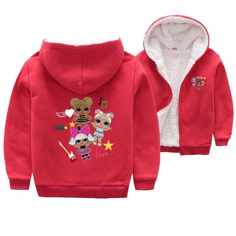 Children'S Clothing Coat Winter Clothes Thickened Fleece-Lined Hoodie Coral Fleece Cartoon Doll Printed Warm Coat T037 - Image 1