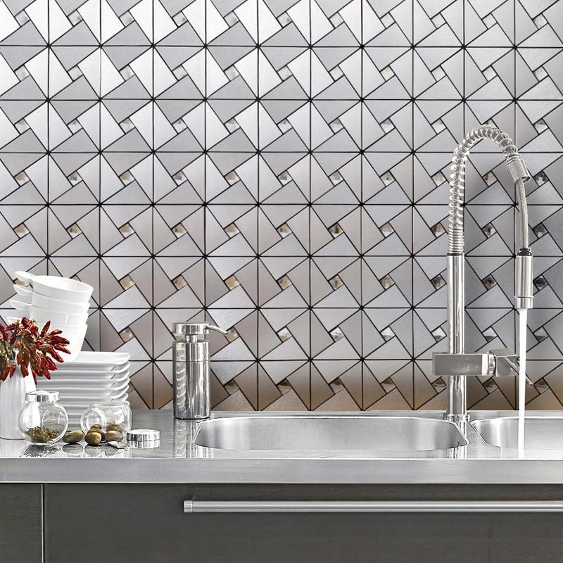 DICOFUN 10-Sheet Peel and Stick Backsplash Metal Tile, Mixed Glass Self-Adhesive Mosaic Tiles, Stainless Steel Stick on Wall Tiles for Kitchen and Bathroom Backspalsh, Mirror DÃ©cor - Image 2