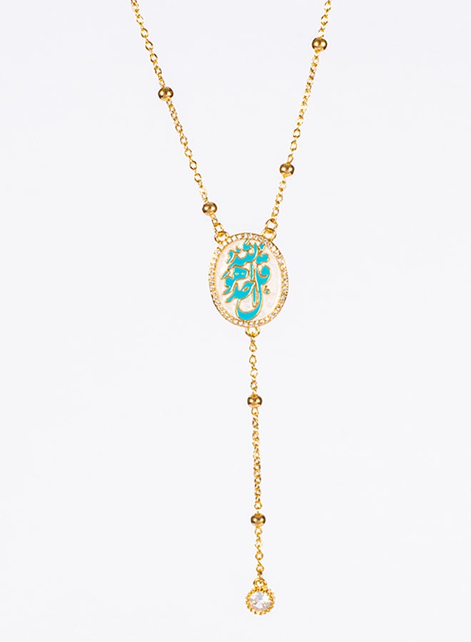 The Black Pearl Accessories Chinese Gold Necklace with a Blue Zirconic "Qul" Pendant - Image 2