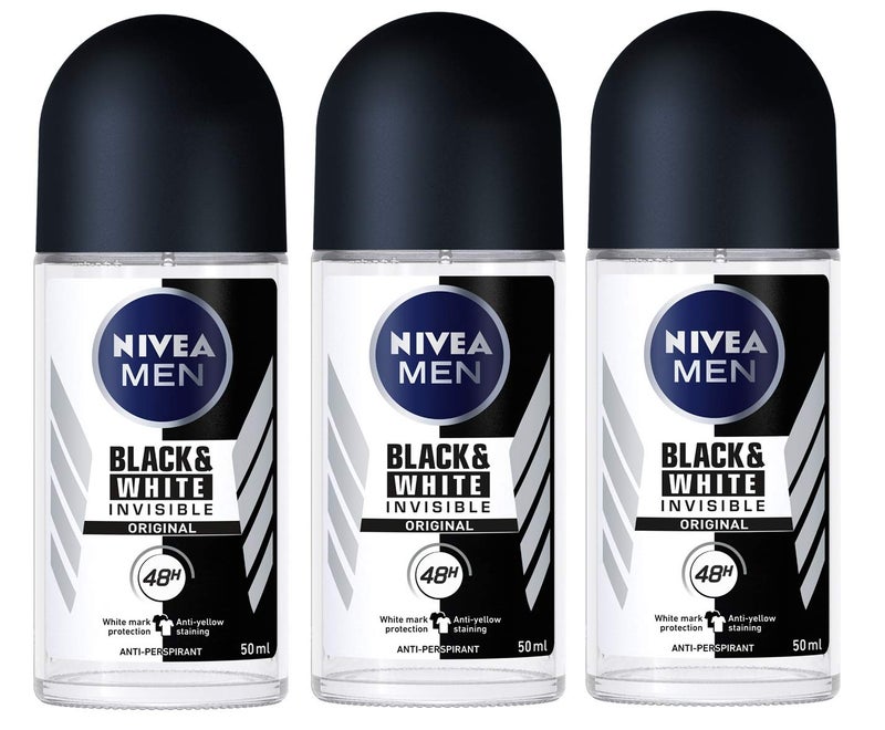 Nivea for Men Invisible for Black & White 48 Hours Deodorant Roll on 50 Ml. 3 Pack l