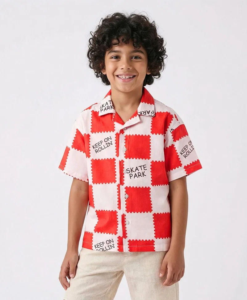 Primo Gino Primo Gino Rayon Woven Half Sleeves Oversized Checkered Shirt with Text Print - White & Red